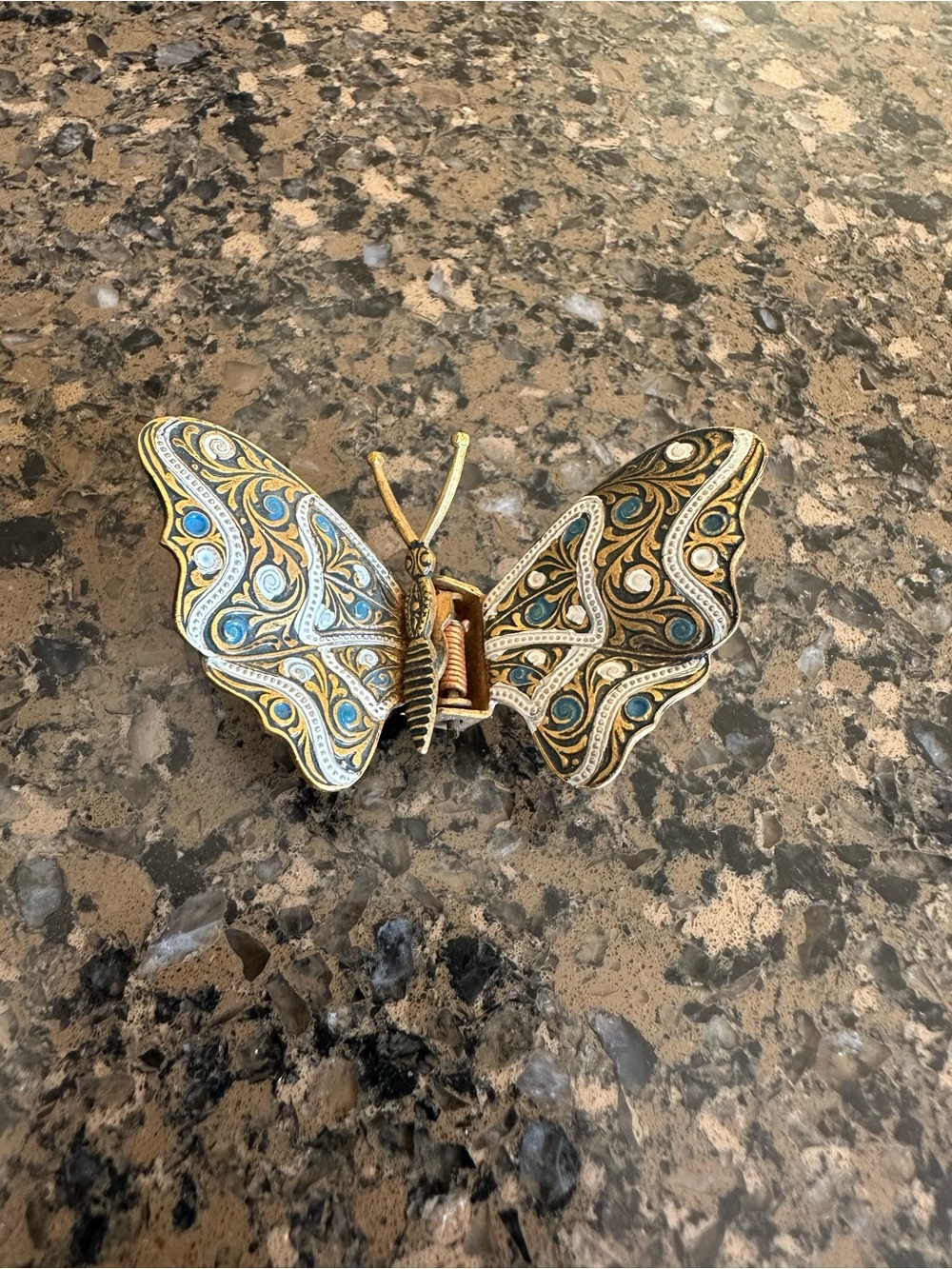 Gold-Tone Damascene Spanish Butterfly Hair Clip Blue White and Black Accents